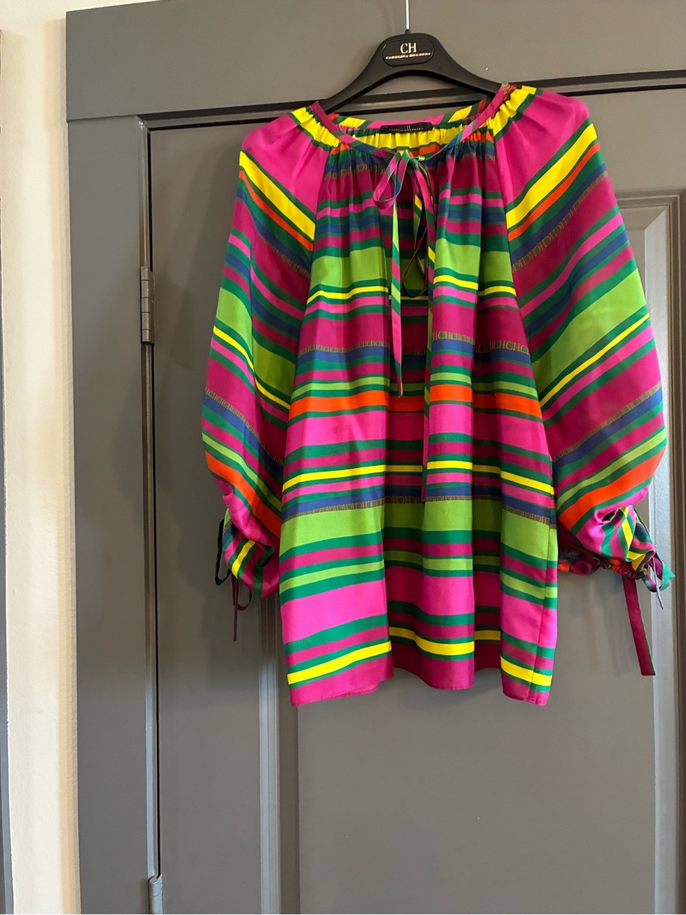 CH Carolina Herrera Vibrant Striped Top in Pink, Green & Yellow 100% silk